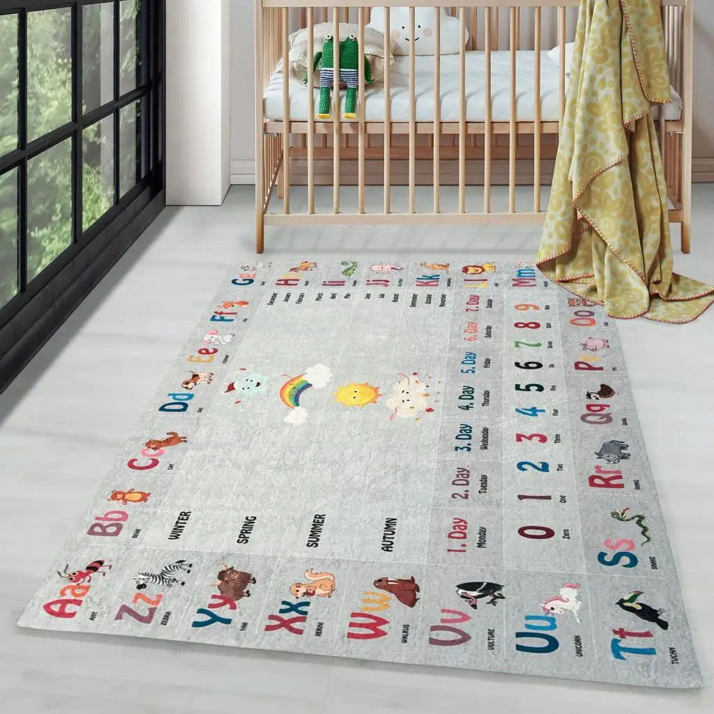 Çocuk Bebek Odası İngilizce Figürlü eğitici oyun Halısı Gri Halı Yıkanabilir Kaymaz Çocuk Bebek Odası İngilizce Figürlü eğitici oyun Halısı Gri Halı Yıkanabilir Kaymaz