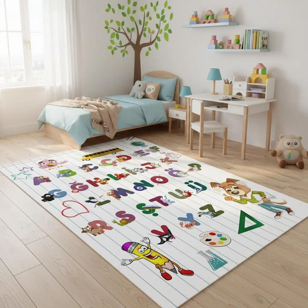 Çocuklar İçin Eğitici Türkçe Alfabe Halısı A–Z – Harf Öğreten Renkli Çocuk Oyun Halısı Dijital Baskı
