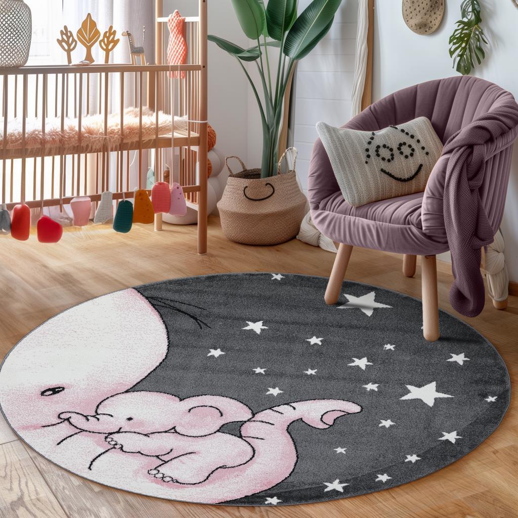 Yuvarlak Çocuk Bebek Odası halısı Fil Yıldız desenli Pembe-Beyaz-Koyu Gri Yuvarlak Çocuk Bebek Odası halısı Fil Yıldız desenli Pembe-Beyaz-Koyu Gri